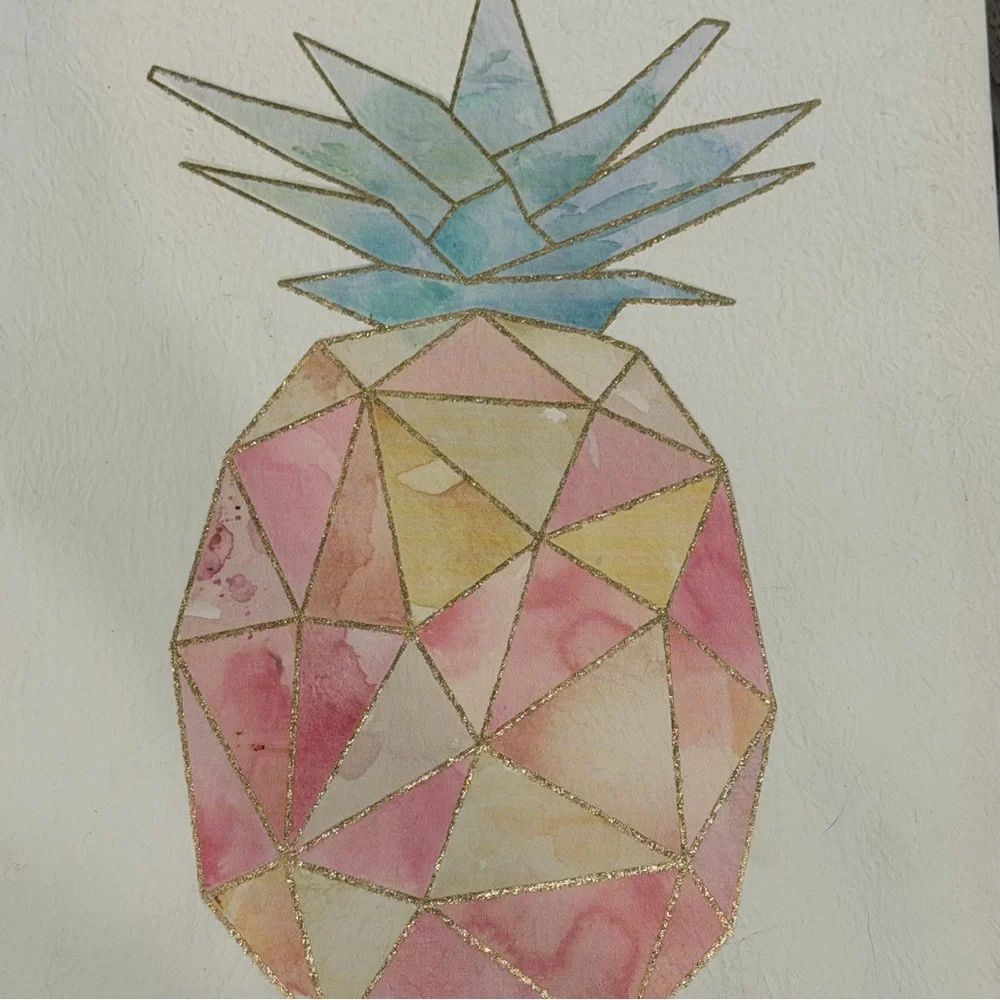 10/$25🦋 Pink & Gold Metallic Watercolor Geometric Pineapple Canvas Art Print